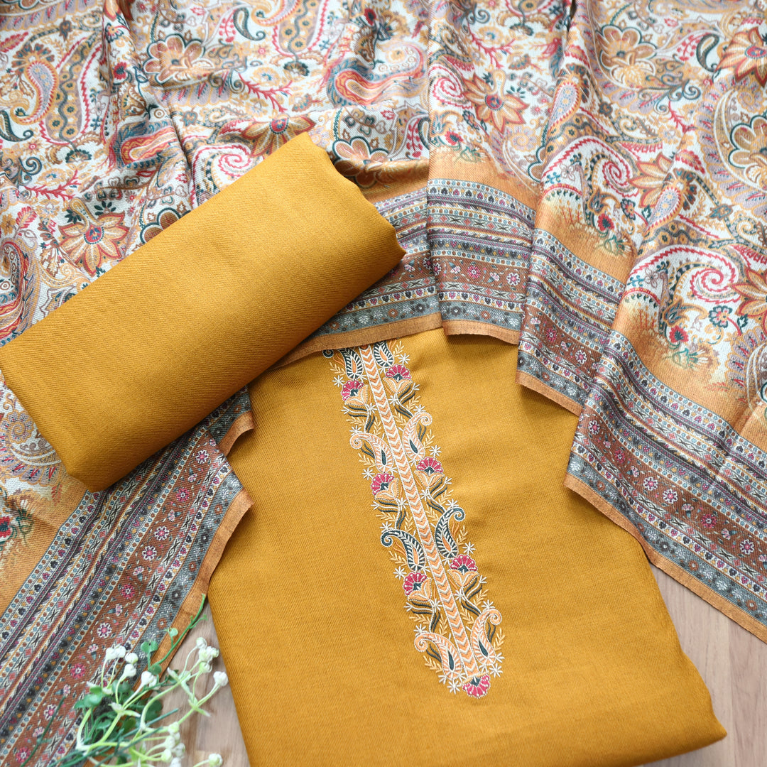 Kashmira Dijon Yellow Embroidered Semi Pashmina Winter Set