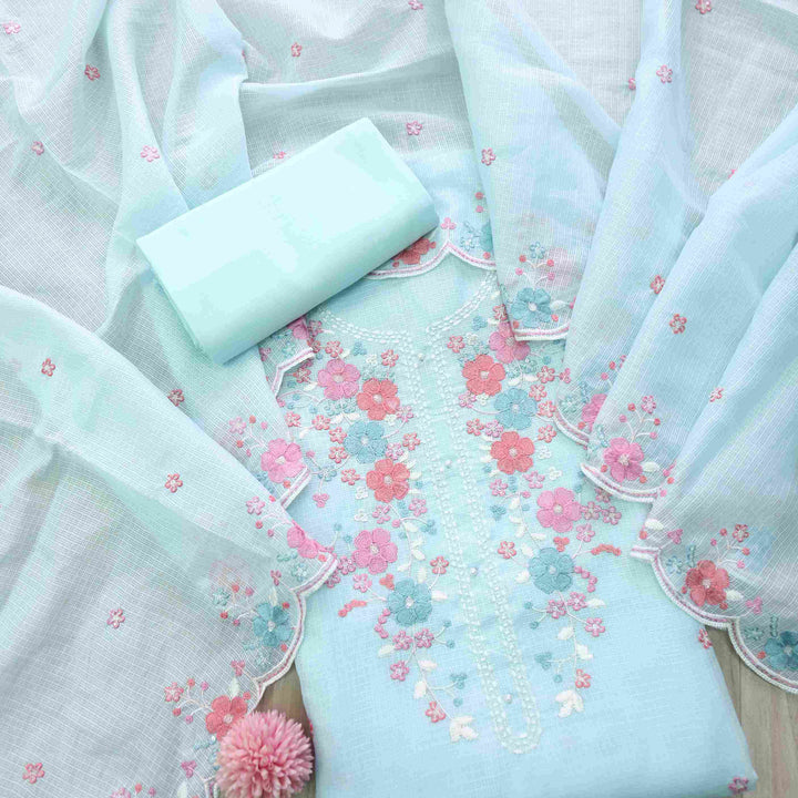 Subhangi Aqua Blue Embroidered Neck with Pearl Work Kota Doriya suit Set