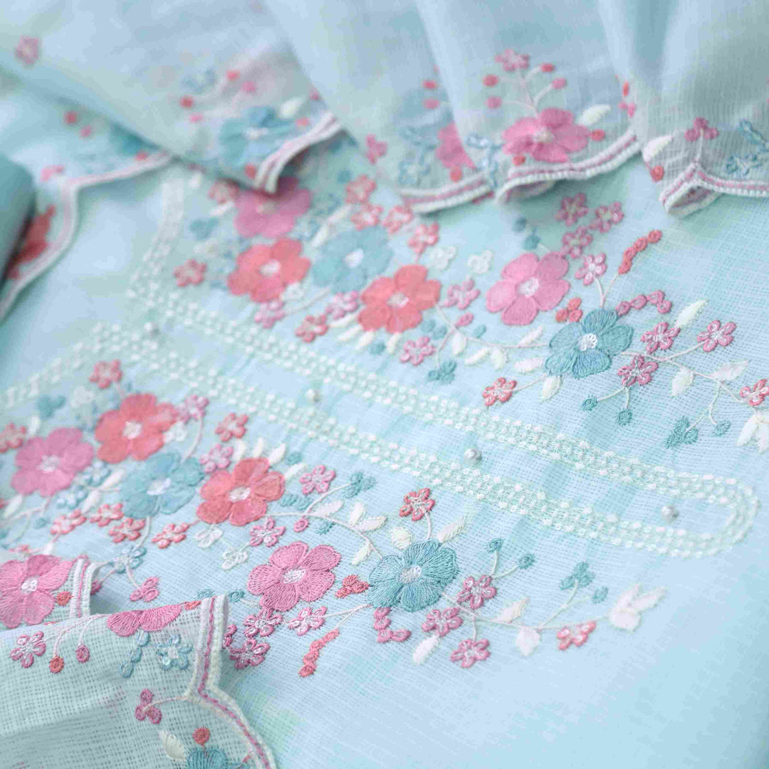 Subhangi Aqua Blue Embroidered Neck with Pearl Work Kota Doriya suit Set