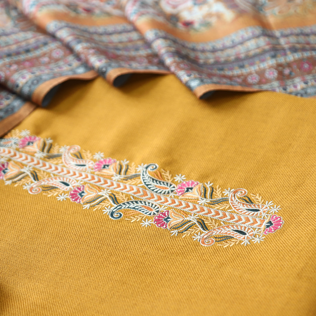Kashmira Dijon Yellow Embroidered Semi Pashmina Winter Set