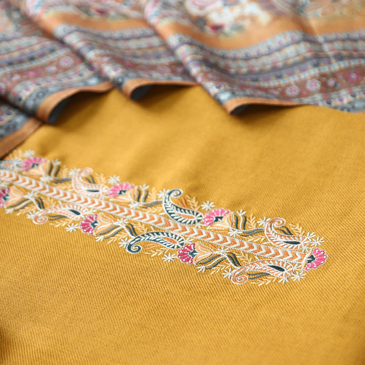 Kashmira Dijon Yellow Embroidered Semi Pashmina Winter Set