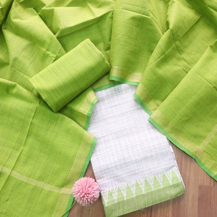 Ramaya White Check with Green Thread Weaved on Hem South Cotton Suit Set