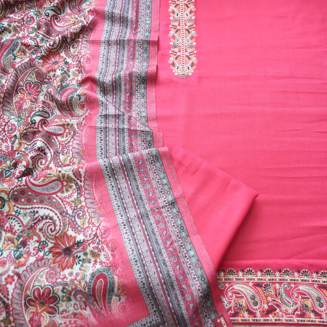 Kashmira Crimson Pink Embroidered Semi Pashmina Winter Set
