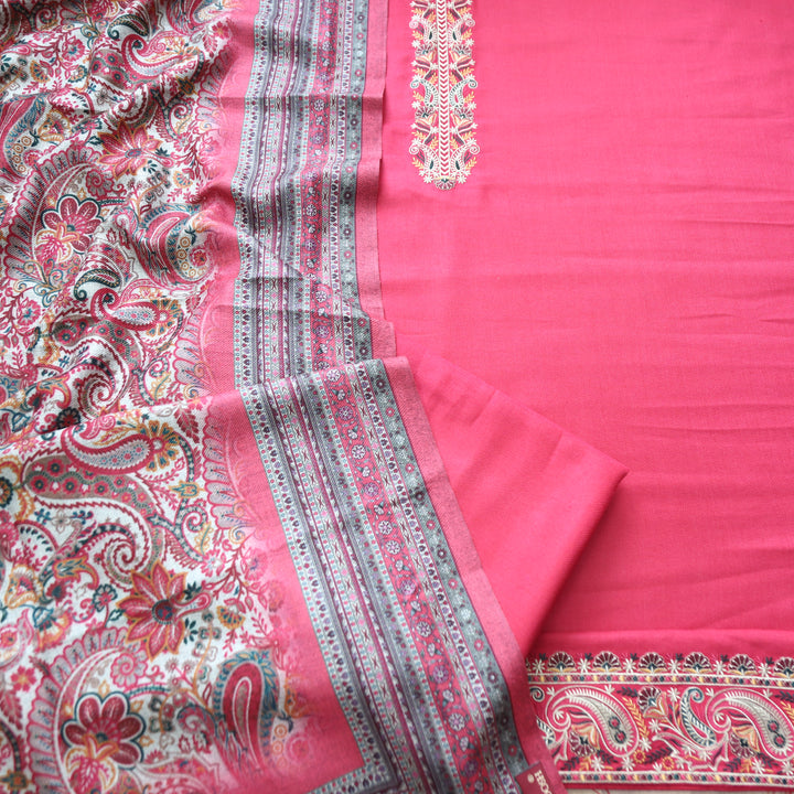 Kashmira Crimson Pink Embroidered Semi Pashmina Winter Set