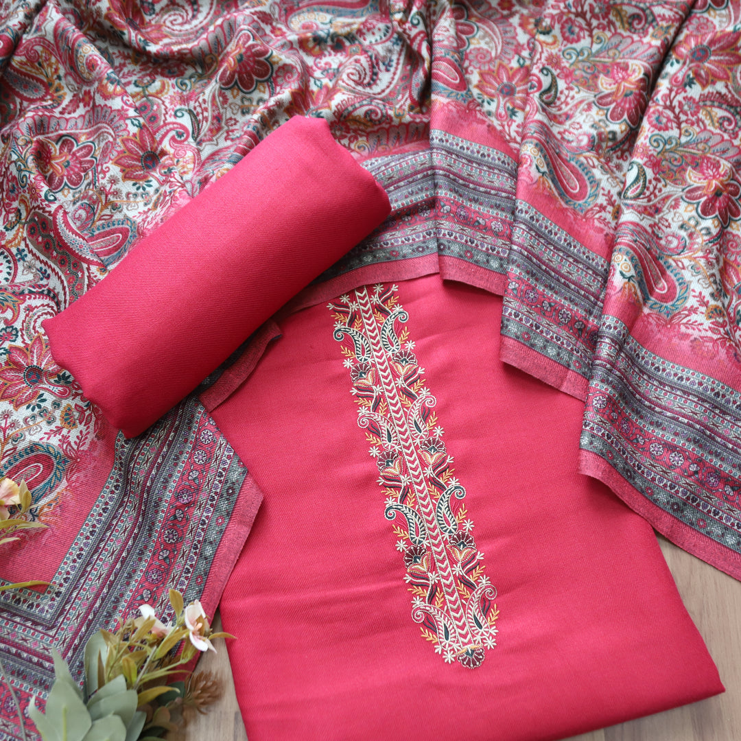 Kashmira Crimson Pink Embroidered Semi Pashmina Winter Set