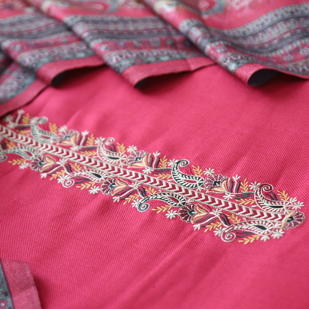 Kashmira Crimson Pink Embroidered Semi Pashmina Winter Set