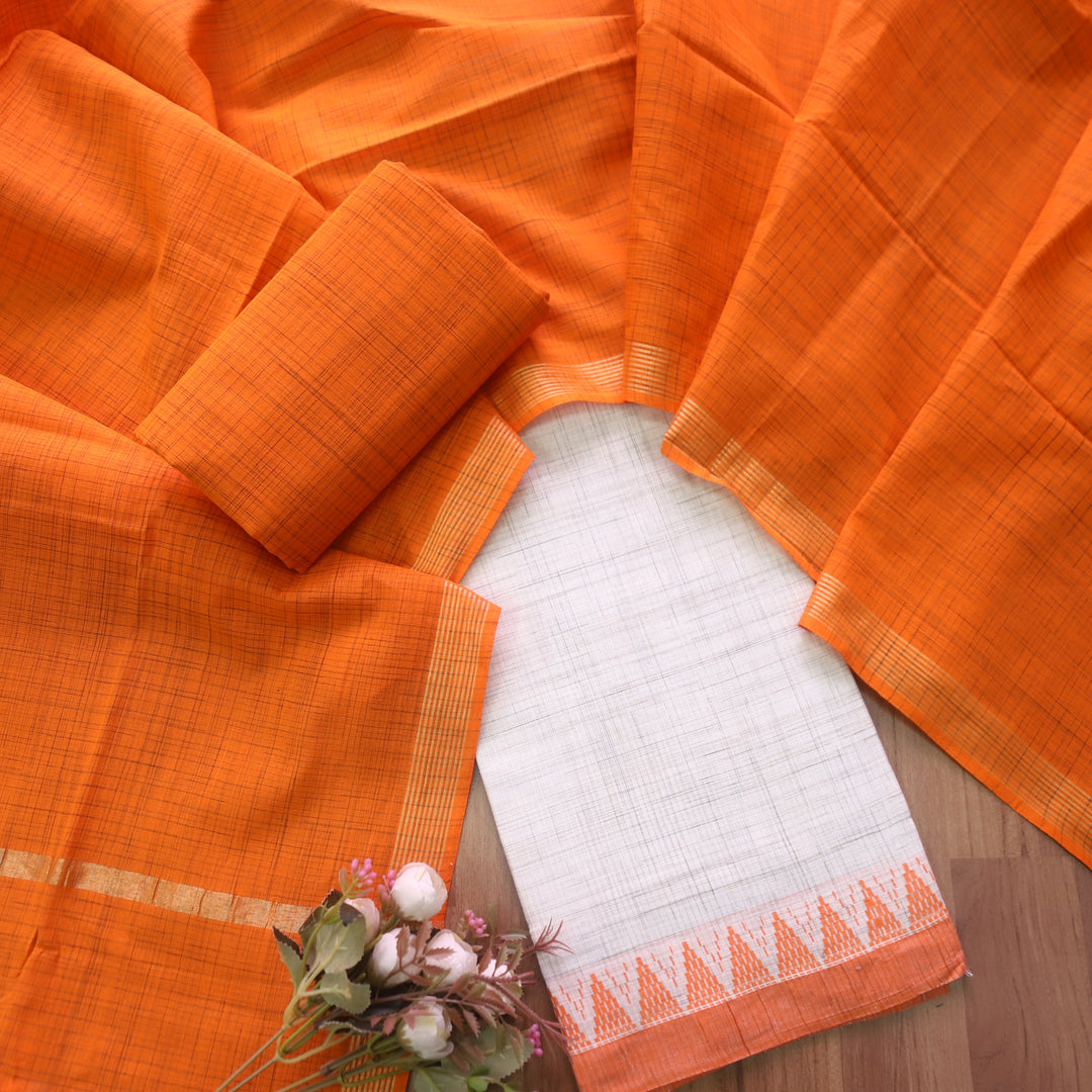Ramaya White Check with Orange Thread Weaved on Hem South Cotton Suit Set