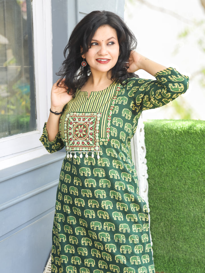 Vamika Pine Green Gajj Printed Cotton Kurti