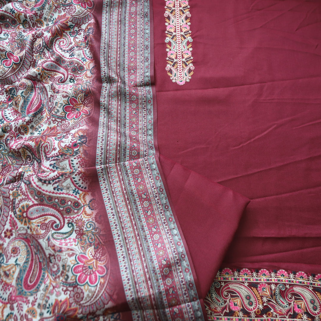 Kashmira Mahogany Maroon Embroidered Semi Pashmina Winter Set