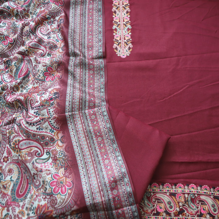 Kashmira Mahogany Maroon Embroidered Semi Pashmina Winter Set