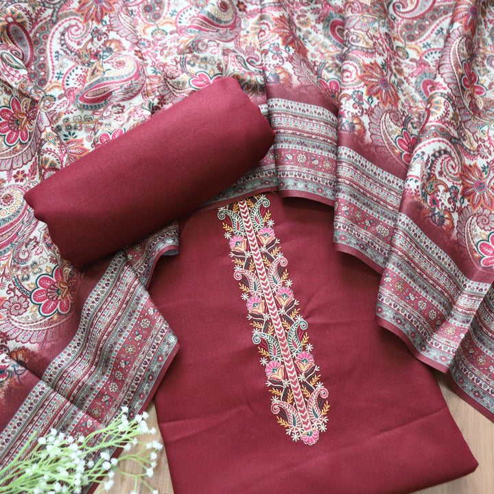 Kashmira Mahogany Maroon Embroidered Semi Pashmina Winter Set