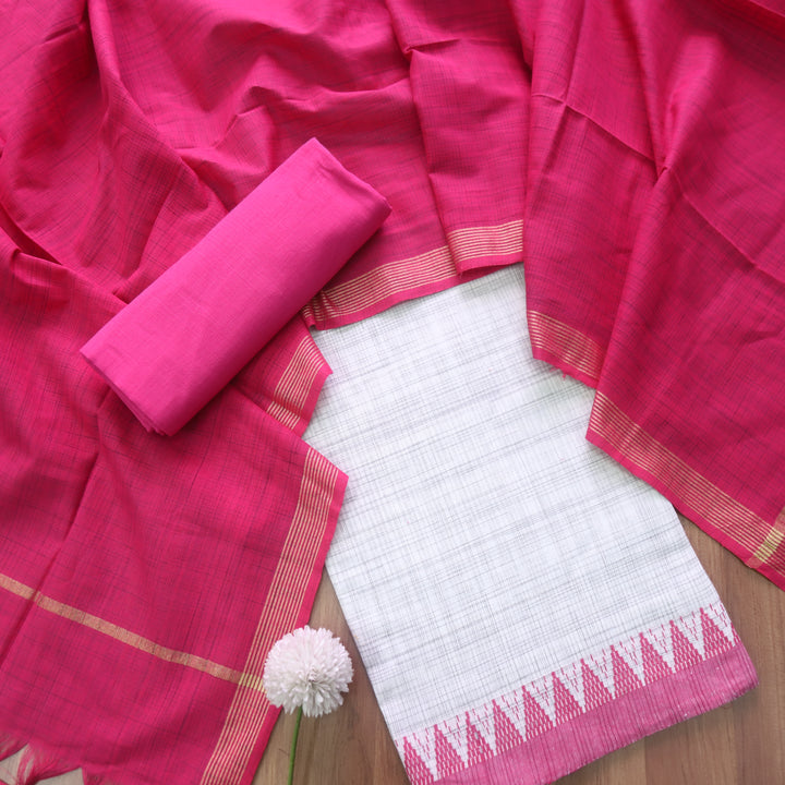 Ramaya White Check with Pink Thread Weaved on Hem South Cotton Suit Set
