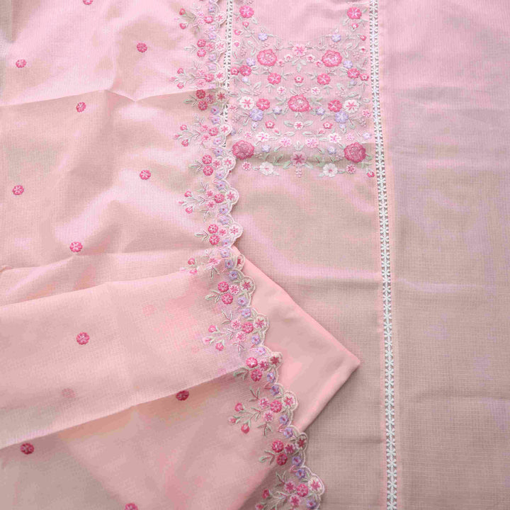 Subhangi Blush Peach Thread Embroidered Neck Work Kota Doriya suit Set