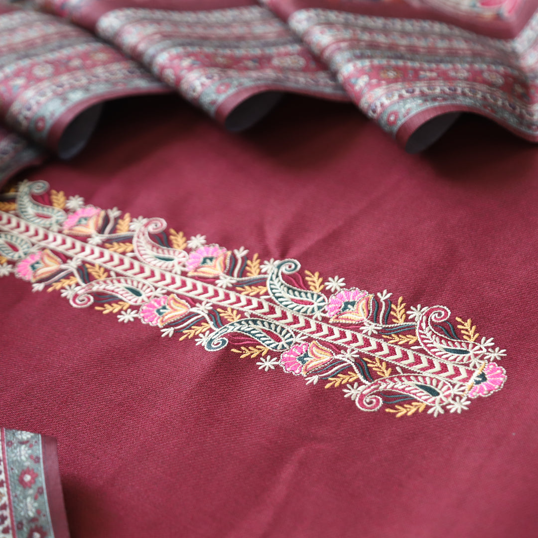Kashmira Mahogany Maroon Embroidered Semi Pashmina Winter Set