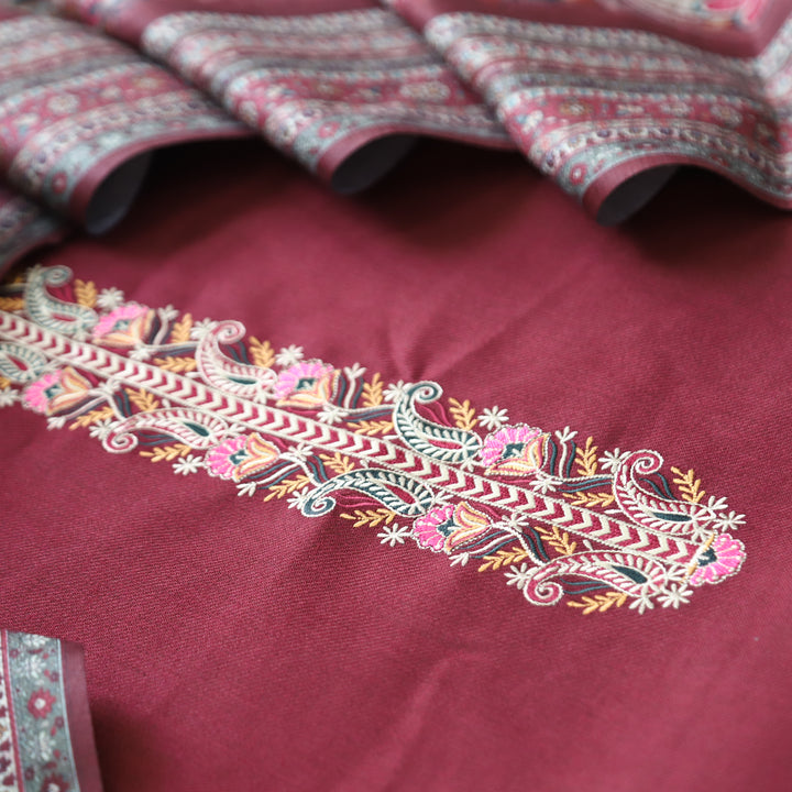 Kashmira Mahogany Maroon Embroidered Semi Pashmina Winter Set