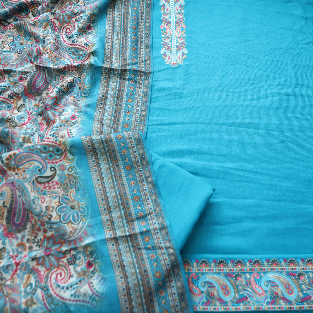 Kashmira Aqua Blue Embroidered Semi Pashmina Winter Set