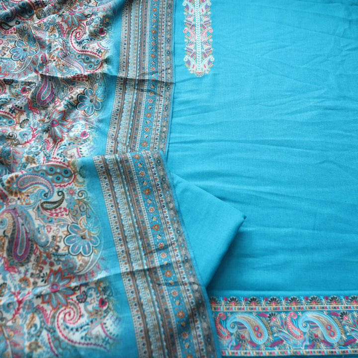 Kashmira Aqua Blue Embroidered Semi Pashmina Winter Set
