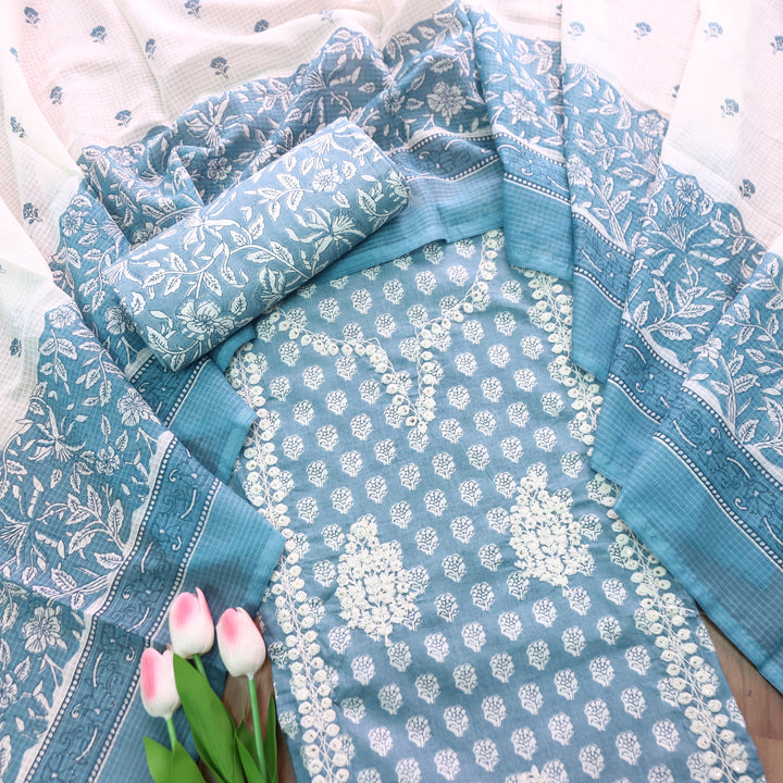 Manpreet Sapphire Blue Panel Style Thread Embroidered Work Floral Print Cotton Set