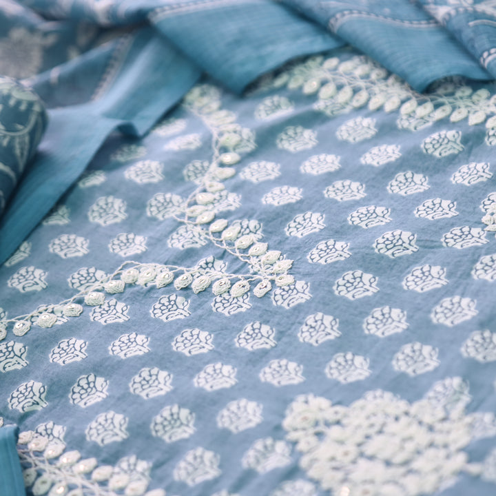 Manpreet Sapphire Blue Panel Style Thread Embroidered Work Floral Print Cotton Set