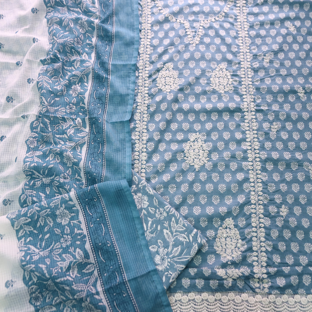 Manpreet Sapphire Blue Panel Style Thread Embroidered Work Floral Print Cotton Set