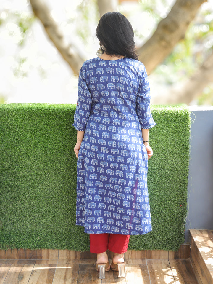 Vamika Indigo Blue Gajj Printed Cotton Kurti