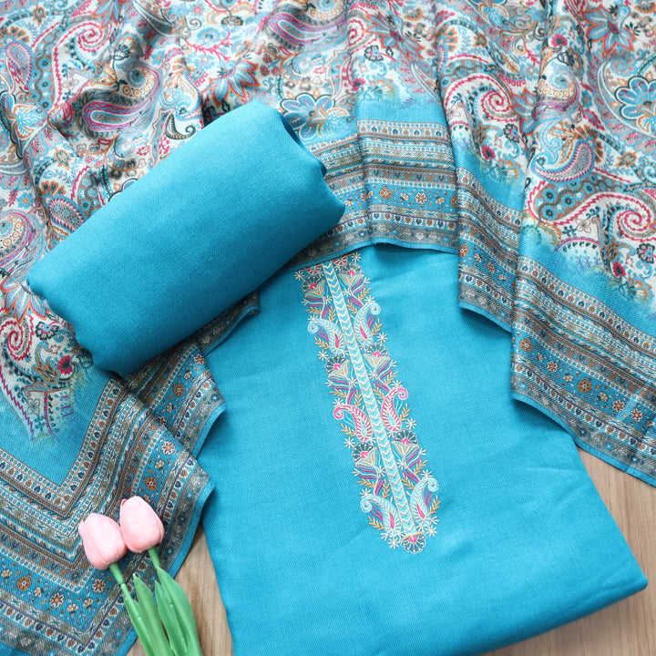 Kashmira Aqua Blue Embroidered Semi Pashmina Winter Set