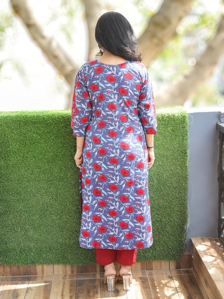 Billori Blue Potli Button Block Cotton Kurti
