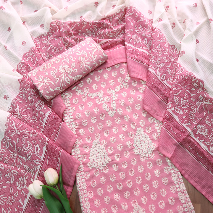 Manpreet Mauve Pink Panel Style Thread Embroidered Work Floral Print Cotton Set