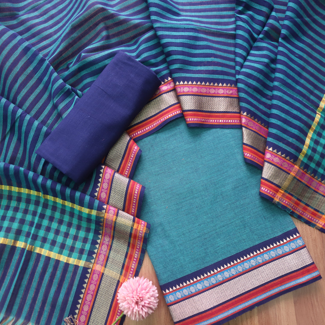 Sanskar Faded Teal with Blue Bottom in Temple Hem South Cotton Suit Set