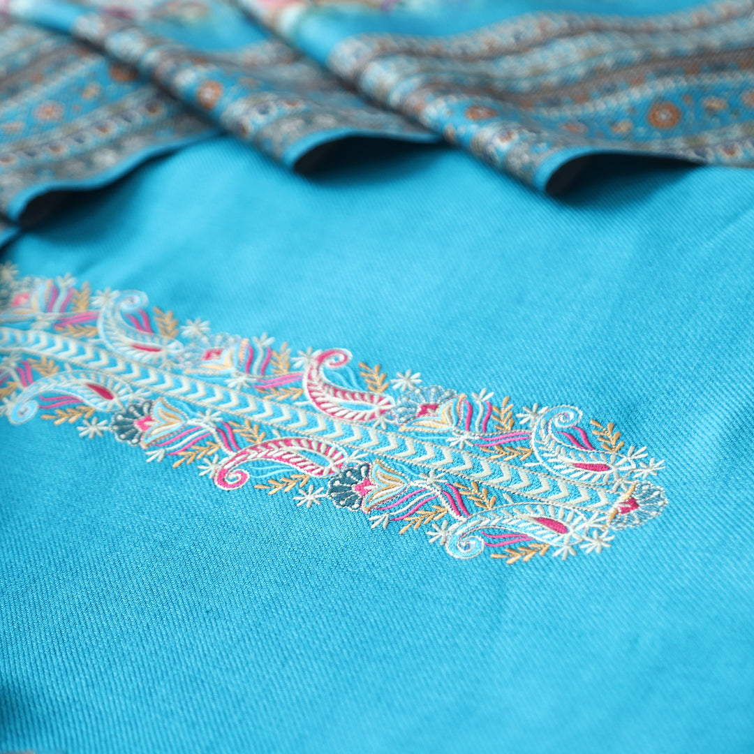 Kashmira Aqua Blue Embroidered Semi Pashmina Winter Set
