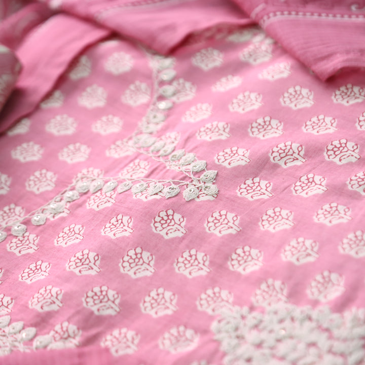 Manpreet Mauve Pink Panel Style Thread Embroidered Work Floral Print Cotton Set