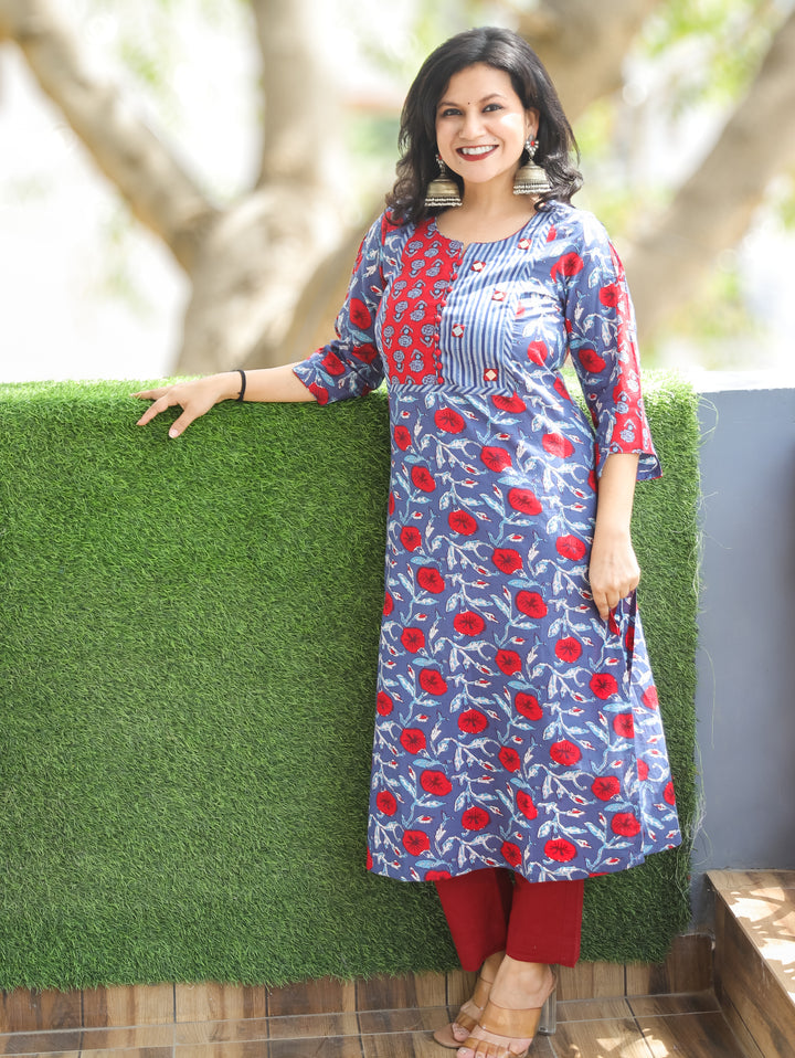 Billori Blue Potli Button Block Cotton Kurti