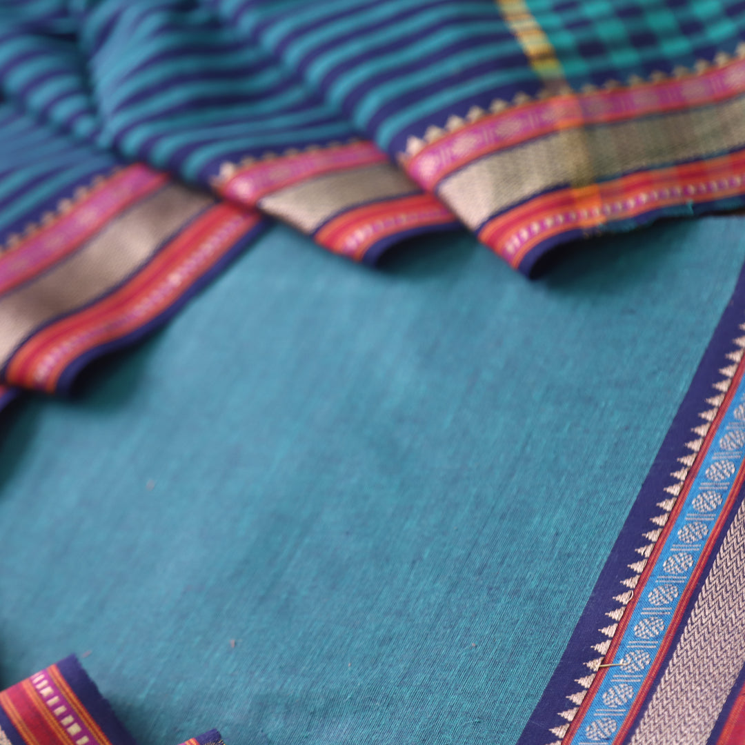 Sanskar Faded Teal with Blue Bottom in Temple Hem South Cotton Suit Set