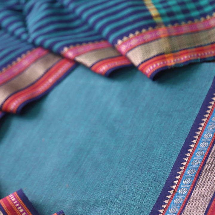 Sanskar Faded Teal with Blue Bottom in Temple Hem South Cotton Suit Set