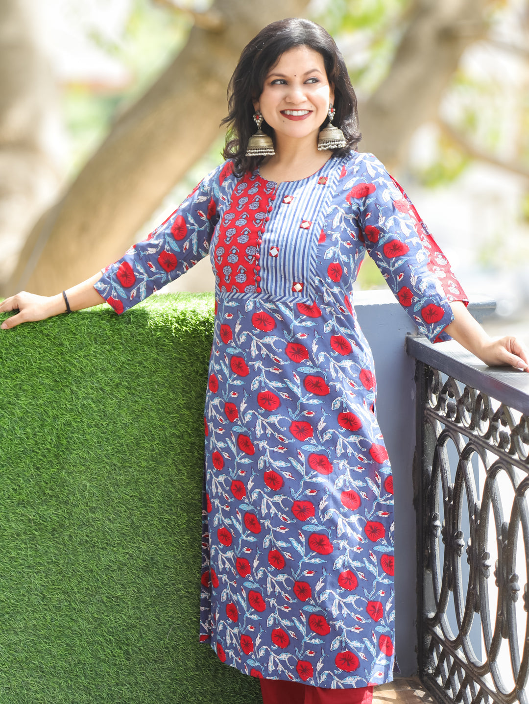 Billori Blue Potli Button Block Cotton Kurti
