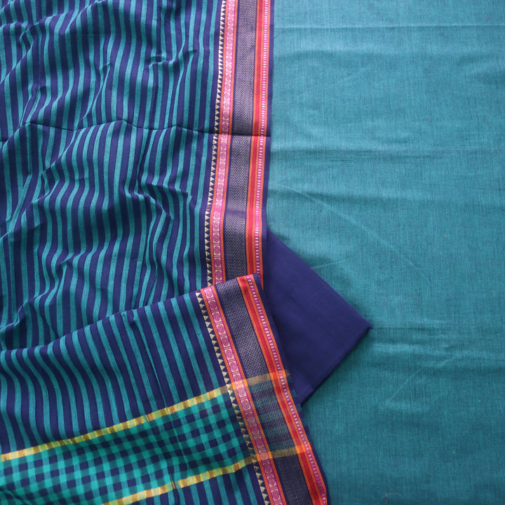 Sanskar Faded Teal with Blue Bottom in Temple Hem South Cotton Suit Set