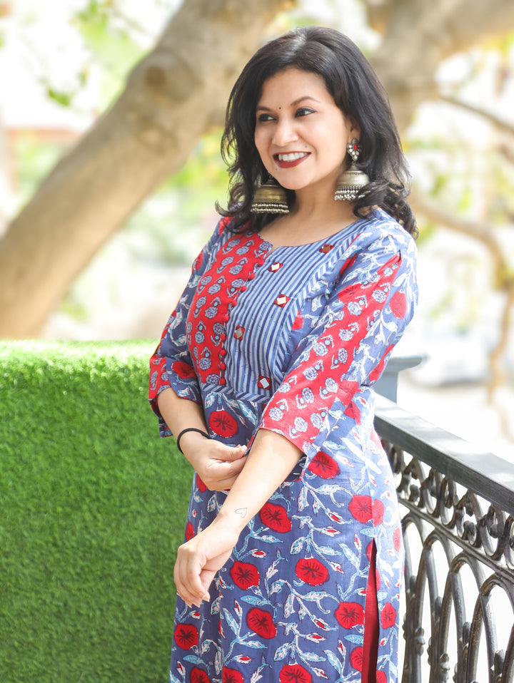 Billori Blue Potli Button Block Cotton Kurti