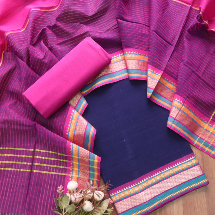 Sanskar Dark Blue with Purple Bottom in Temple Hem South Cotton Suit Set