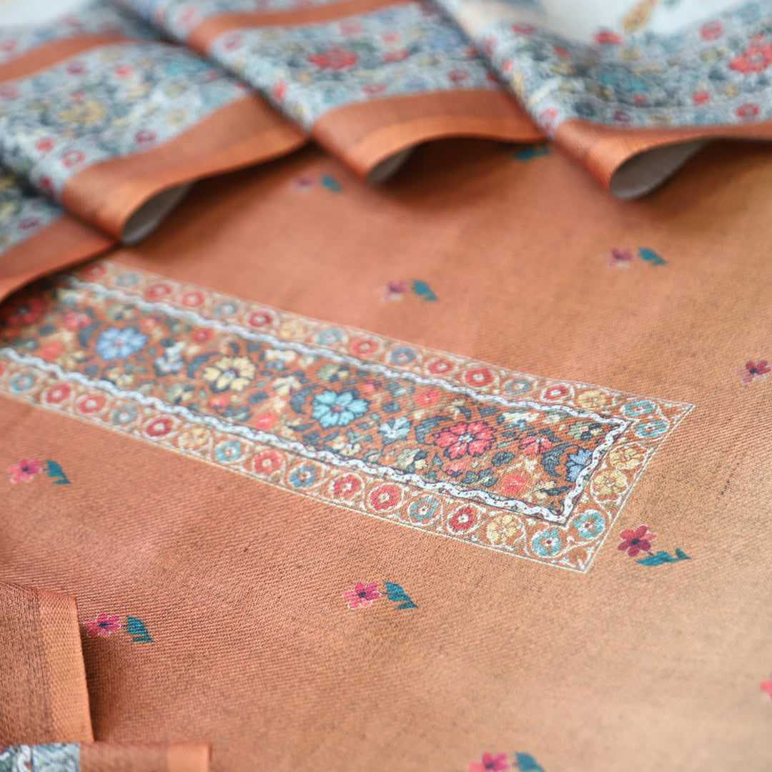 Samara Tang Orange Digital Kashmiri Printed Semi Pashmina Winter Set