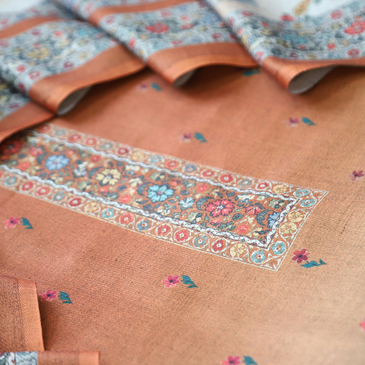 Samara Tang Orange Digital Kashmiri Printed Semi Pashmina Winter Set