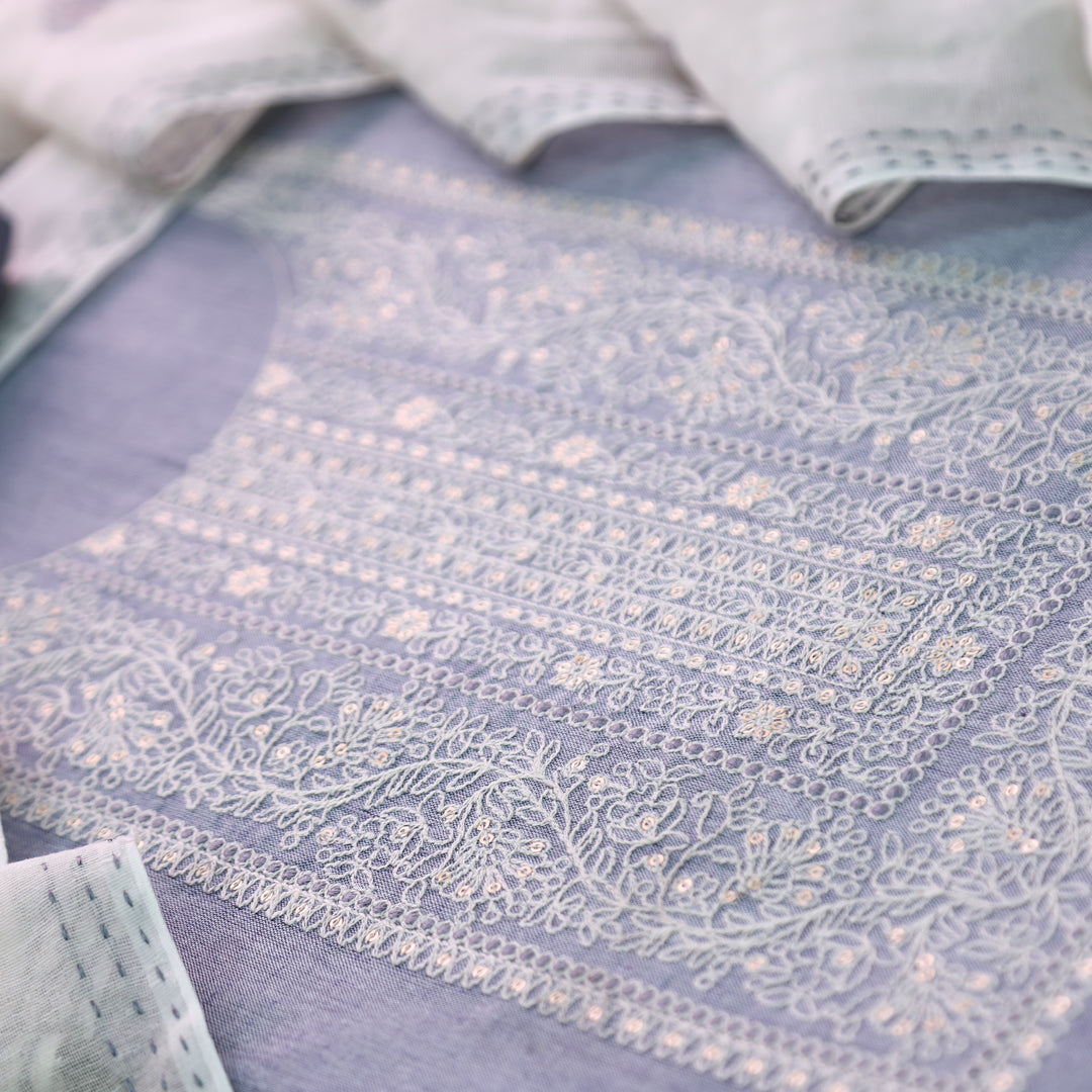 Nigahen Grayish Blue Thread Embroidered Neck Work Cotton Suit Set