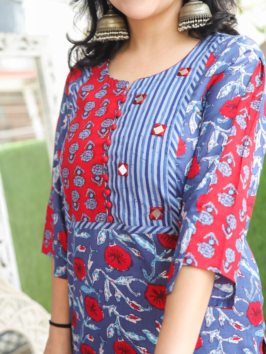 Billori Blue Potli Button Block Cotton Kurti