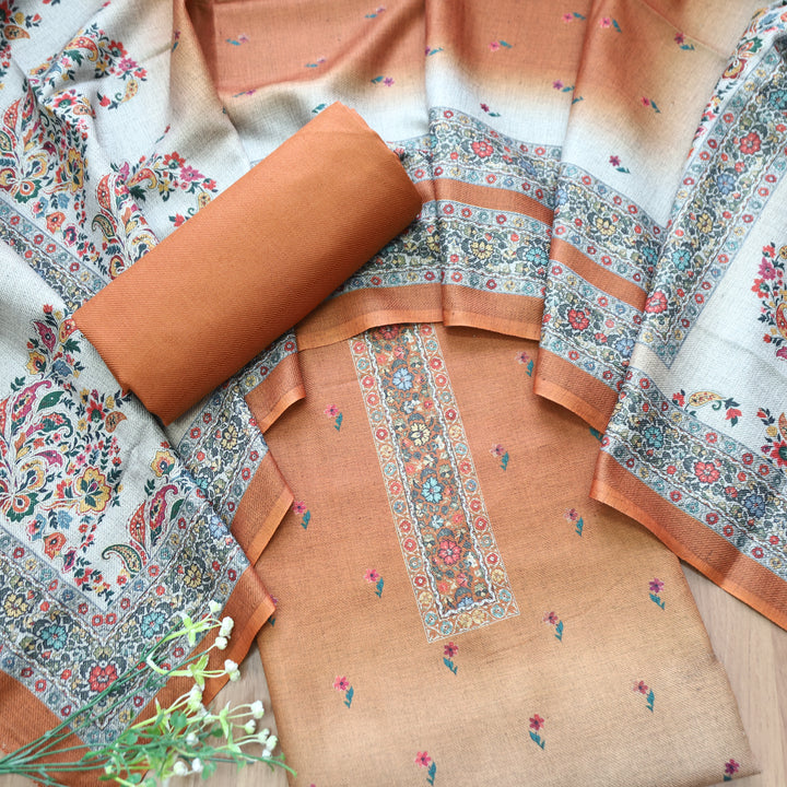 Samara Tang Orange Digital Kashmiri Printed Semi Pashmina Winter Set