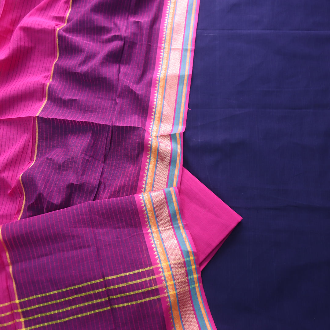 Sanskar Dark Blue with Purple Bottom in Temple Hem South Cotton Suit Set