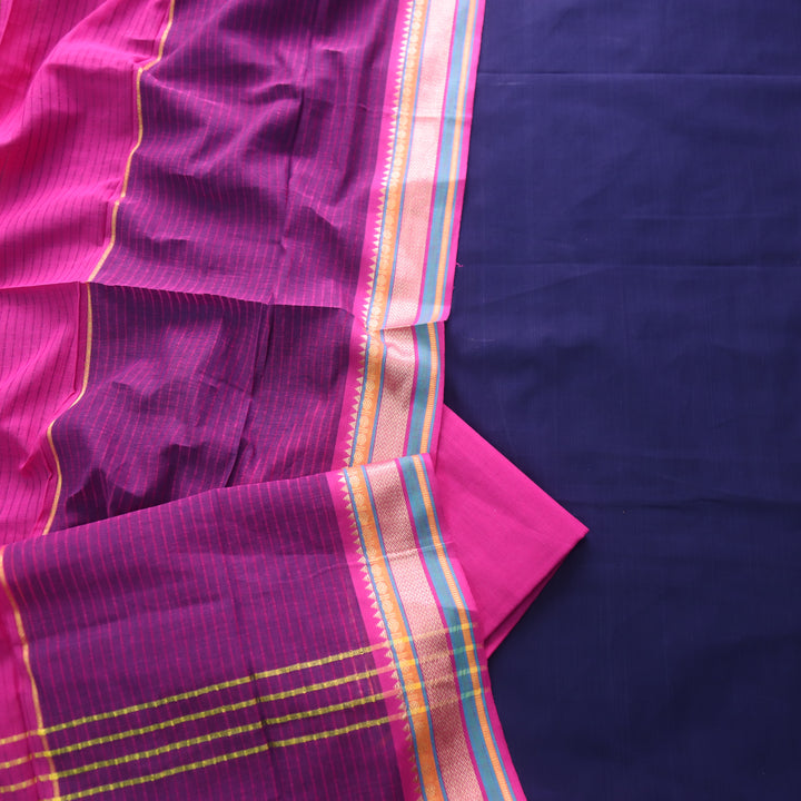 Sanskar Dark Blue with Purple Bottom in Temple Hem South Cotton Suit Set