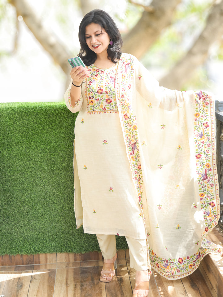 Tira Hazel Beige Hand Embroidery Mul Chanderi 3 Piece Set