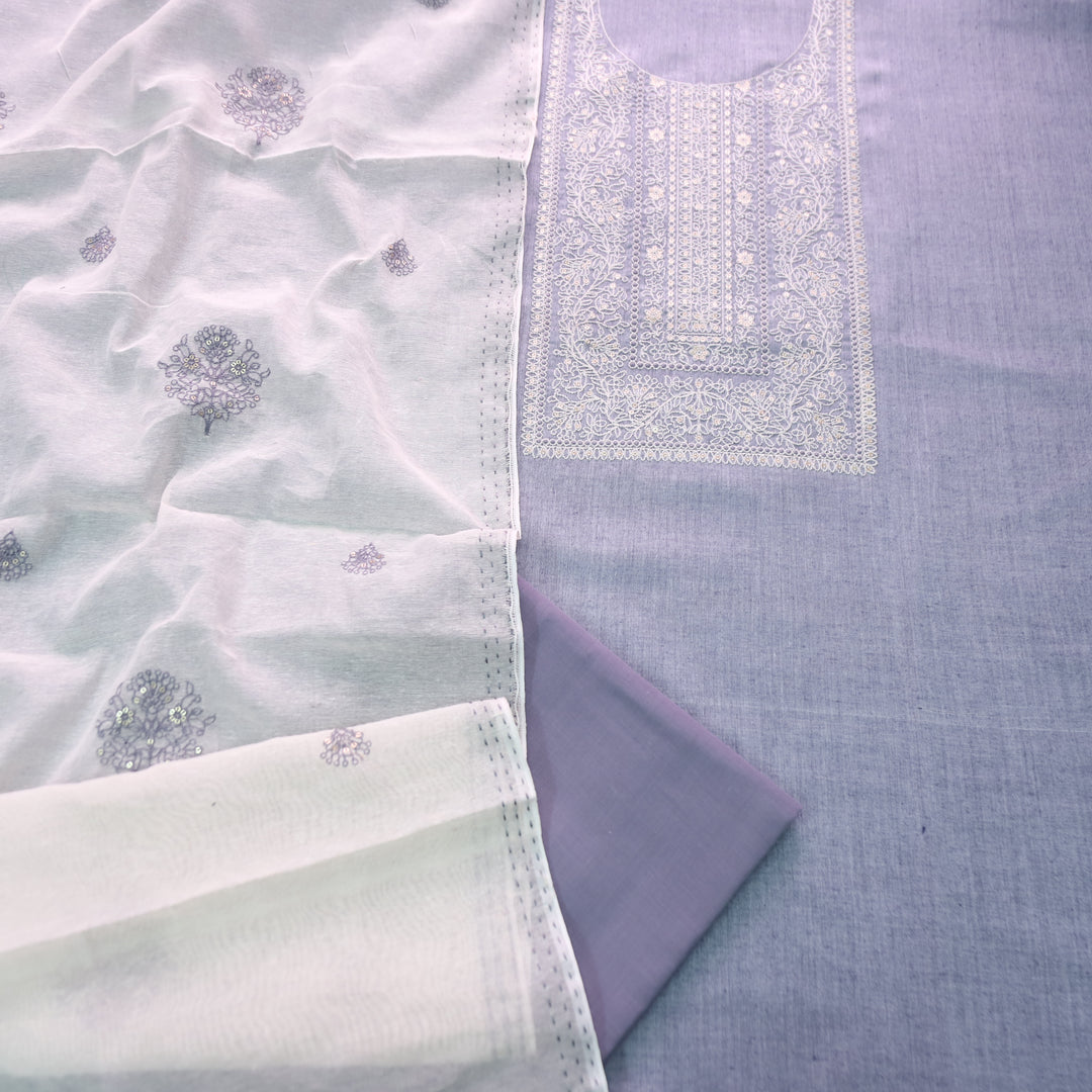 Nigahen Grayish Blue Thread Embroidered Neck Work Cotton Suit Set