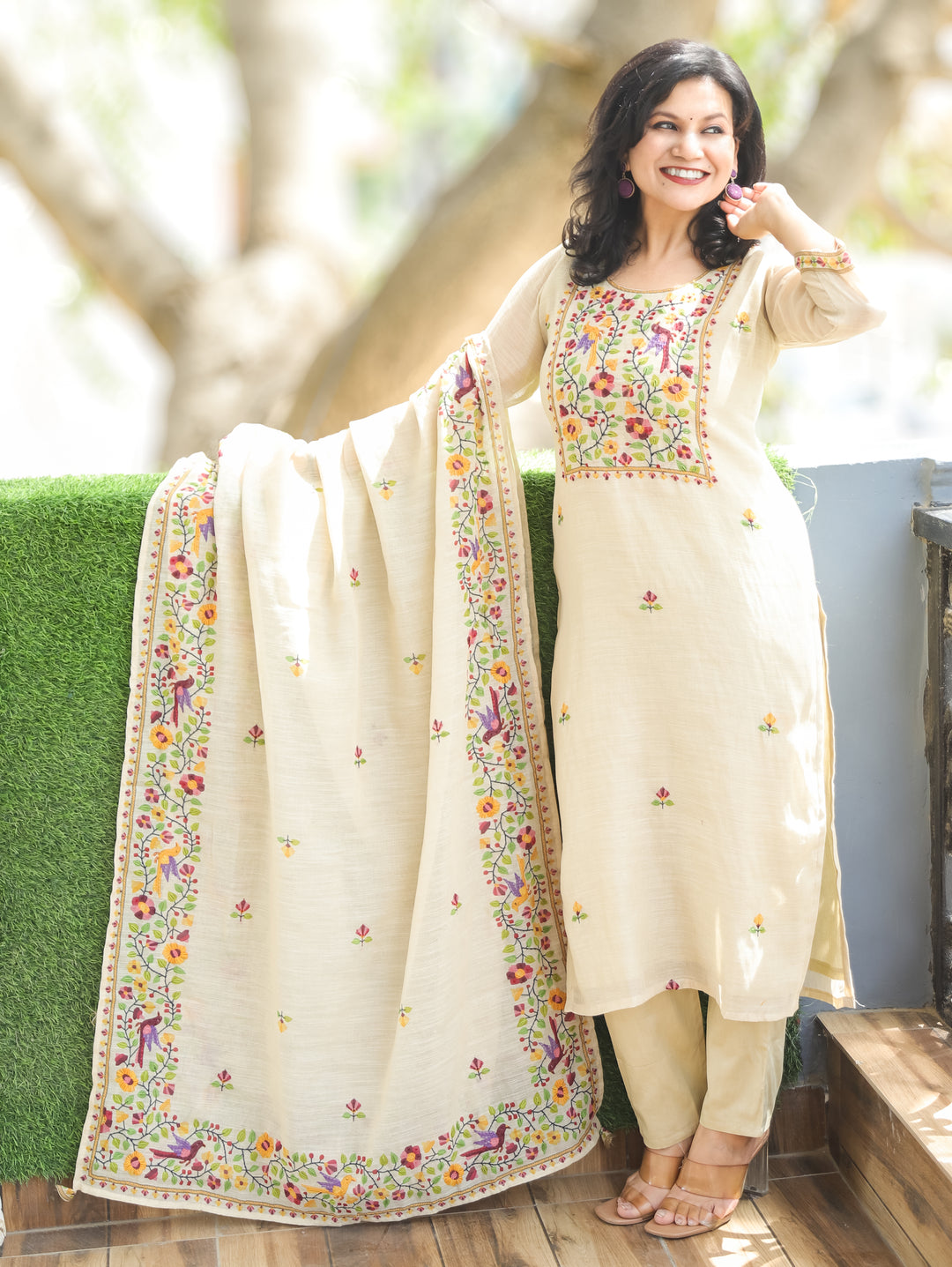 Tira Hazel Beige Hand Embroidery Mul Chanderi 3 Piece Set