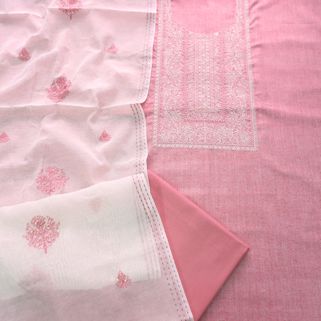 Nigahen Petal Pink Thread Embroidered Neck Work Cotton Suit Set