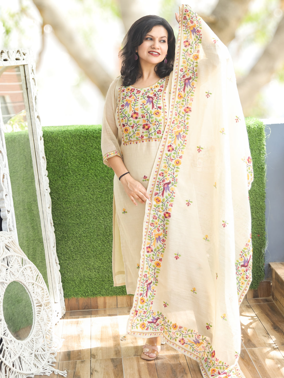 Tira Hazel Beige Hand Embroidery Mul Chanderi 3 Piece Set
